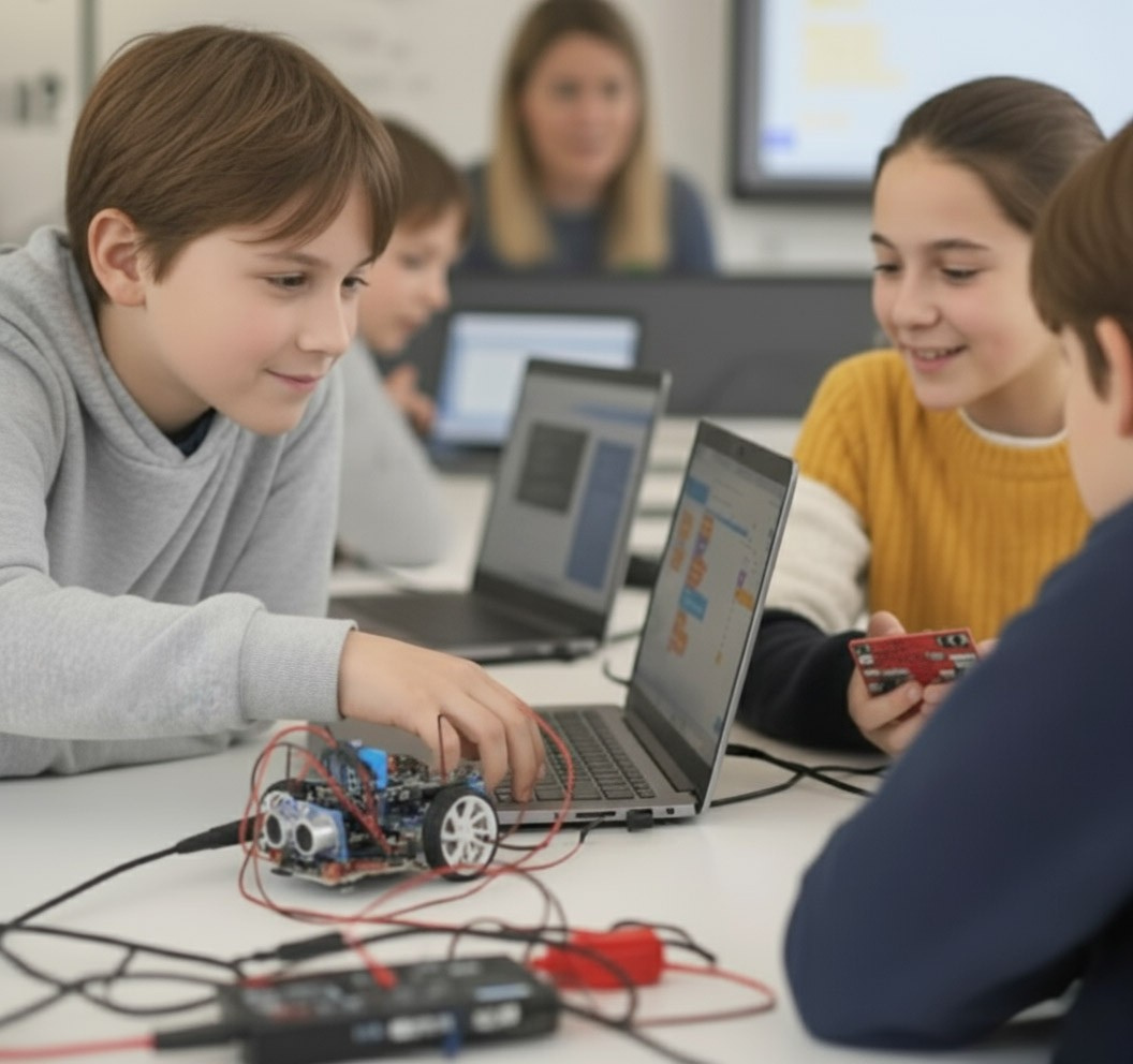 Chłopiec i dziewczynka na zajęciach robotyki - programowanie i robotyka dla dzieci w Tarnowie - JuniorAI